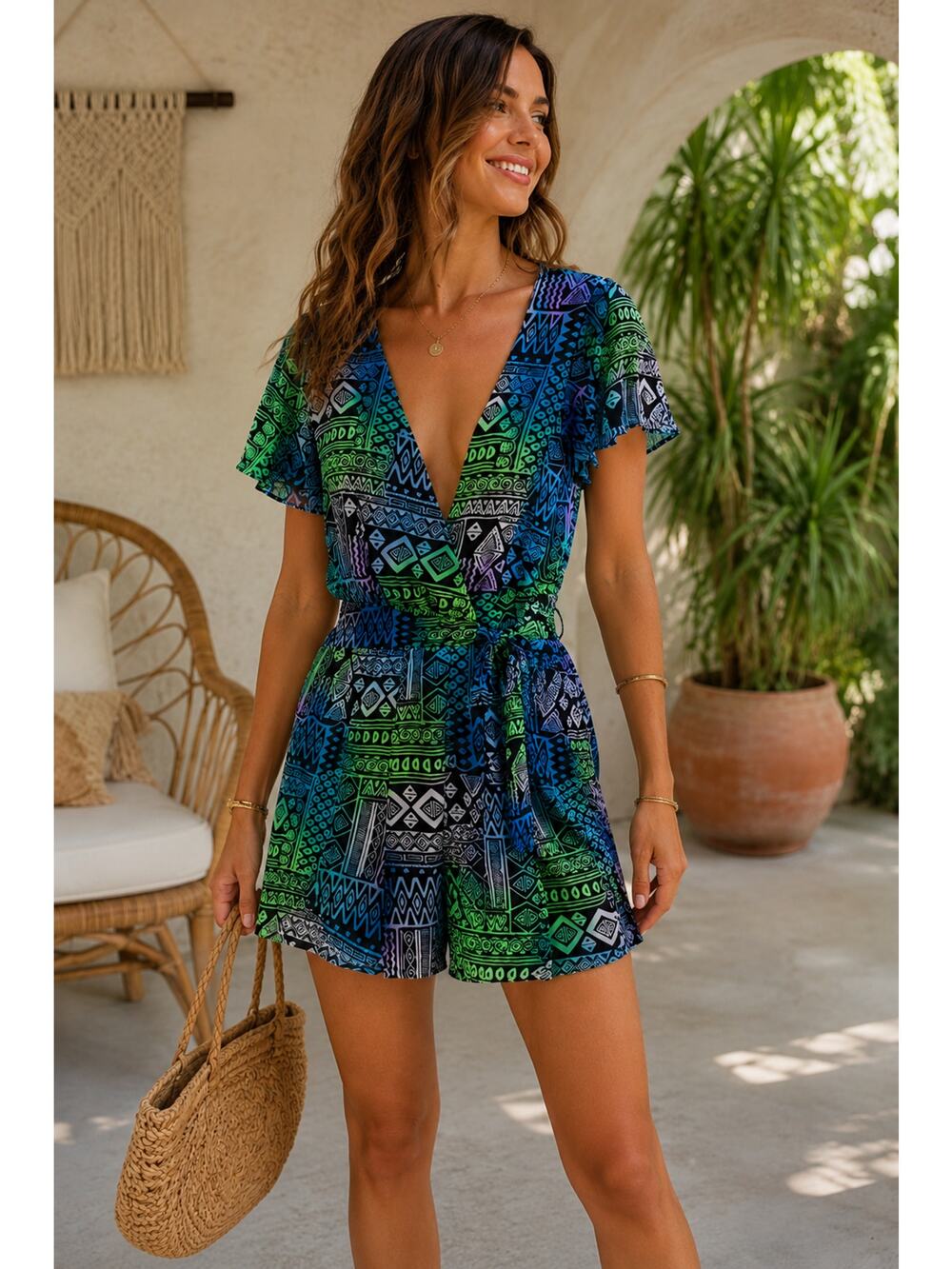 HALO Short Sleeve Romper Medium Blue Green Deep Plunge V Neck TIe Waist Boho